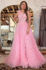 Kinsley | A Line One Shoulder Tiered Long Prom Dress