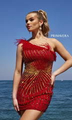 One-Shoulder Sequin Party Dress with Feathers 4002