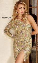 One-Sleeve Beaded Fringe Short Party Dress 4020