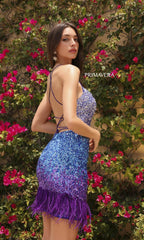 Feather-Hem Short Ombre Sequin Party Dress 4023