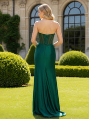 Beaded Sweetheart Sheer Corset Bodycon Dress With Slit Dark Green