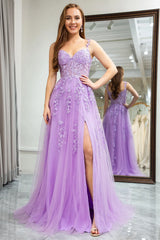 Wholesale Lilac A-Line Spaghetti Straps Appliqued Long Tulle Prom Dress With Slit prom dresses shops