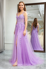 Wholesale Lilac A-Line Spaghetti Straps Appliqued Long Tulle Prom Dress With Slit prom dresses shops
