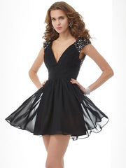 A-Line/Princess V-neck Short Sleeves Beading Short Chiffon Homecoming Dresses