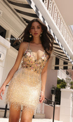 Short Floral Party Dress with Fringe Skirt 4044