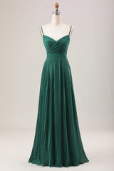 Deep green A-line thin shoulder strap pleated chiffon long bridesmaid dress