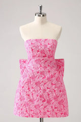 Vintage Rose Pink Bow Design A-line Floral Sleeveless Strapless Homecoming Dress HZ1024
