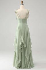 Matcha A-line thin shoulder strap ruffled chiffon long bridesmaid dress
