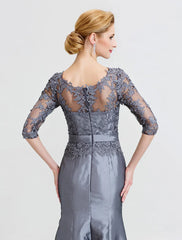 Mermaid / Trumpet Mother of the Bride Dress Beautiful Back See Through Illusion Detail Jewel Neck Floor Length Taffeta Corded Lace 3/4 Length Sleeve with Beading