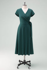A-Line Dark Green Cocktail Dress with Short Sleeves
