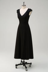 Black A-Line V-Neck Appliques Wedding Guest Dress