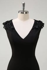Black A-Line V-Neck Appliques Wedding Guest Dress