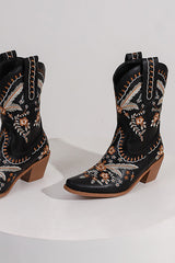 Black Embroidered Chuncky Heel Cowgirl Ankle Boots