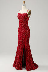 Red Sparkly Mermaid Backless Long Prom Dress with Fringes Sexy