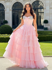 A-Line Beaded Sweetheart Neck Tiered Chiffon Dress Blushing Pink