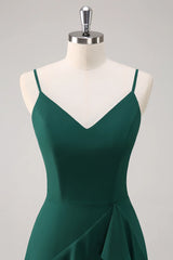 Deep green A-line thin shoulder strap ruffled chiffon and floor length slit bridesmaid dress
