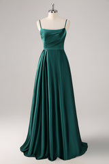 A-Line Dark Green Spaghetti Straps Satin Ruched Long Bridesmaid Dress