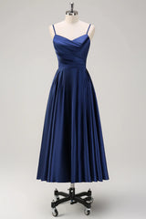 Deep sea army blue A-line thin shoulder strap pleated tea long bridesmaid dress
