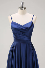 Deep sea army blue A-line thin shoulder strap pleated tea long bridesmaid dress