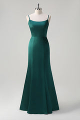 Black Mermaid Spaghetti Straps Ruffed Bow Back Satin Long Bridesmaid Dress