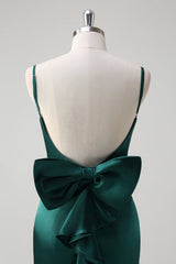 Black Mermaid Spaghetti Straps Ruffed Bow Back Satin Long Bridesmaid Dress