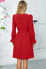 Black Ruffle Bell Long Sleeves A-Line Short Party Dress with Belt