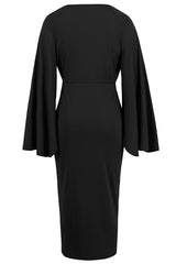 Black Mermaid V-Neck Asymmetrical Midi Cocktail Dress with Sleeves