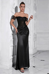 Black Mermaid Off the Shoulder Ruched Corset Long Prom Dress