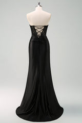 Black Corset Mermaid Strapless Long Prom Dress with Slit