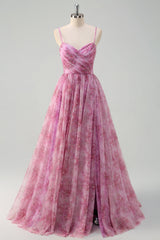 A Line Pinkish Purple Spaghetti Straps Floral Prom Dress with Slit