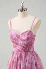A Line Pinkish Purple Spaghetti Straps Floral Prom Dress with Slit