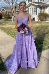 A-Line Spaghetti Straps 3D Lace Pretty Lavender Floral Long formal dresses Bridesmaid Dresses evening gown Prom Dress