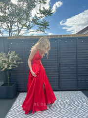 A Line Straps Red Satin Slit Long formal dresses Bridesmaid Dresses evening gown Prom Dress