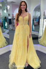 Lace-Up Yellow Sequin Applique V-Neck Prom Dress with Slit