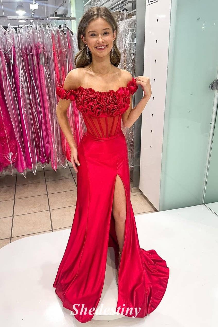 Ruffle Off the Shoulder Red Mermaid Fishbone Corset Prom Dress