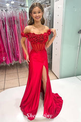 Ruffle Off the Shoulder Red Mermaid Fishbone Corset Prom Dress