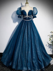 Dark blue tulle long prom dress,  blue tulle sweet 16 dress