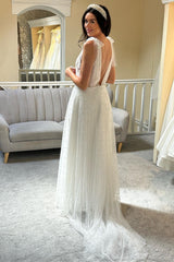 White Tulle Pearls Bow Strap A-Line Bridal Gown