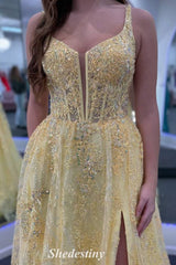 Lace-Up Yellow Sequin Applique V-Neck Prom Dress with Slit