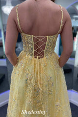 Lace-Up Yellow Sequin Applique V-Neck Prom Dress with Slit
