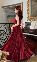 A-Line Satin Burgundy Long Prom Dress, Burgundy Long Evening Dress