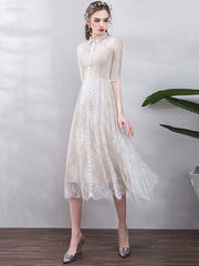 Cute lace high neck prom dress, lace bridesmaid dress