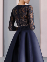 A-Line Mother of the Bride Dress Formal Party Elegant V Neck Floor Length Satin Lace Half Sleeve with Bow(s) Pleats Split Front