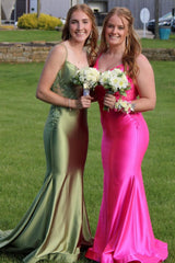 Sage Green Spaghetti Strap Backless Trumpet Long Gown