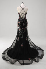 Black Mermaid Spaghetti Straps Corset Long Prom Dress with Appliques