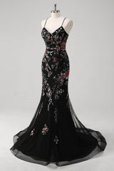 Black Mermaid Spaghetti Straps Corset Long Prom Dress with Appliques