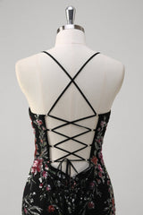 Black Mermaid Spaghetti Straps Corset Long Prom Dress with Appliques