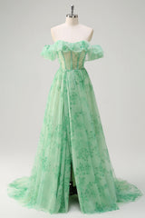 A-Line Green Floral Off The Shoulder Long Prom Dress with Slit