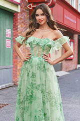 A-Line Green Floral Off The Shoulder Long Prom Dress with Slit