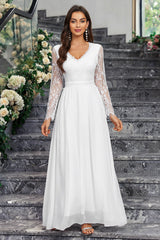 A-Line Long Sleeves V Neck Long White Dress